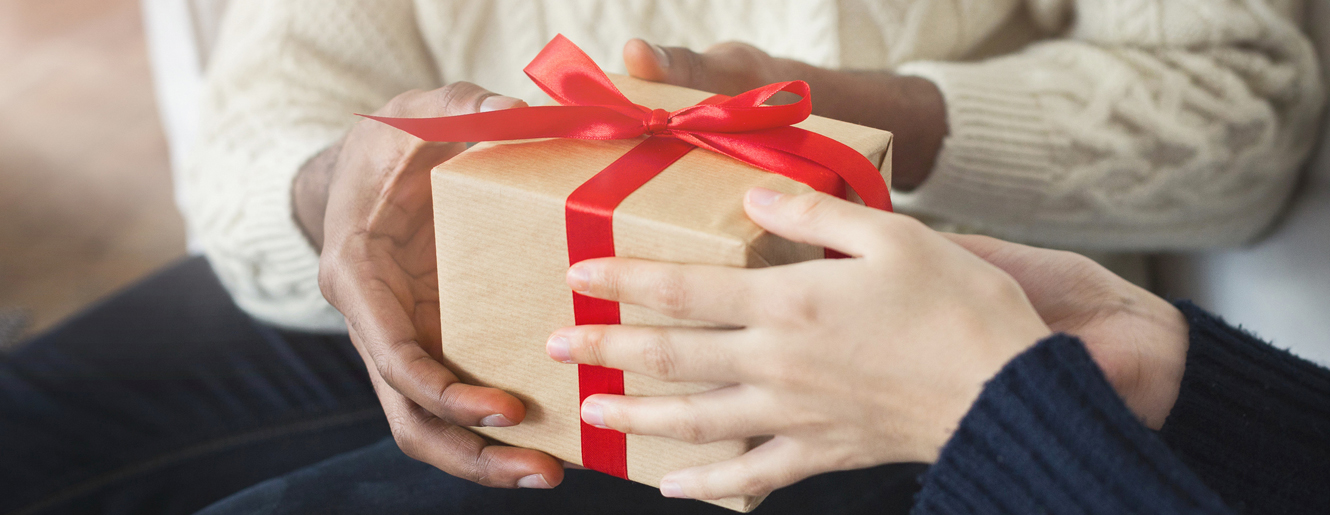 Hands holding a Christmas present.